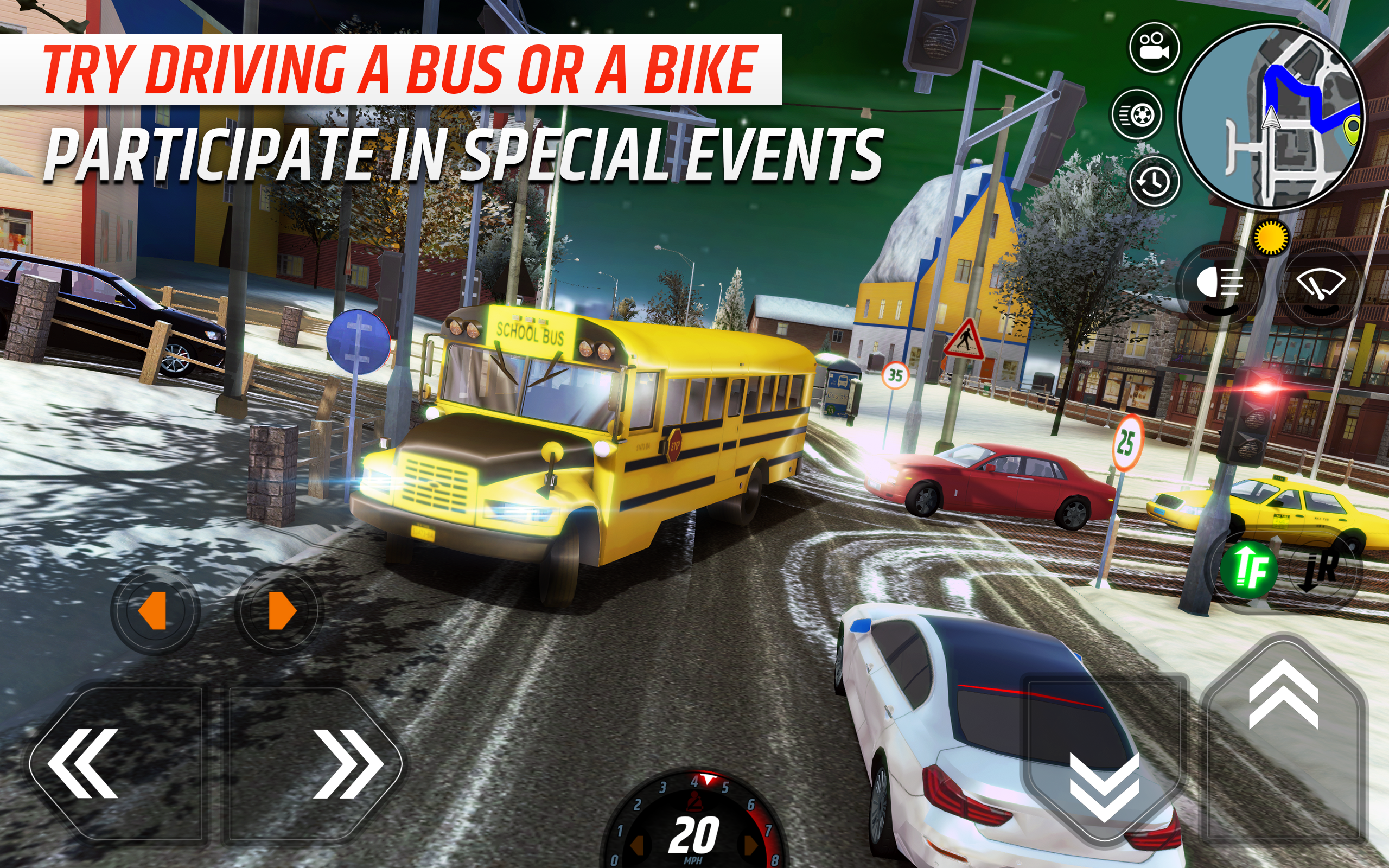 In-game screenshot of a car navigating a city street